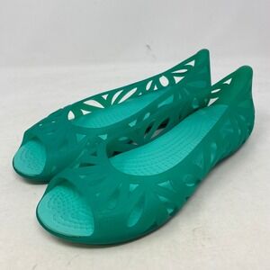Crocs Isabella Jelly Flats Teal Green Floral Cutout Peep Toe Shoes Womens 9